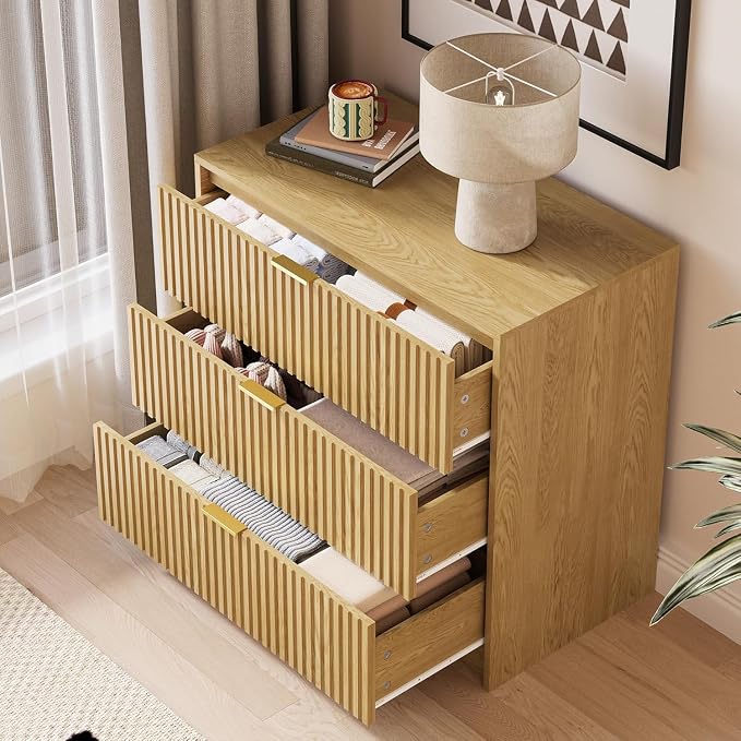 MAISONARIA 3-Piece Dresser Bedroom Set, 6 Drawer Dresser & 3 Drawer Nightstands with Gold Handles, Fluted Wood Chest of Drawers for Bedroom, Living Room, Entryway, Natural
