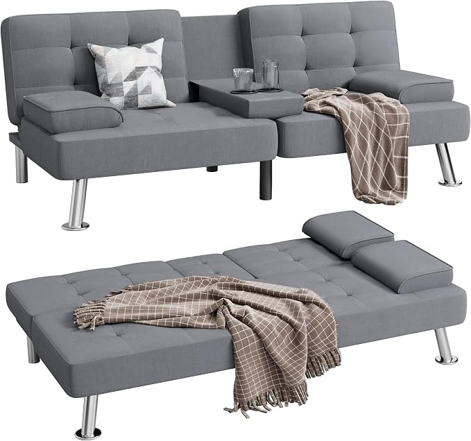 Shahoo Modern Linen Upholstered Convertible Folding Futon Sofa Bed with Removable Armrests, Metal Legs, 2 Cup Holders for Living Room, Light Grey