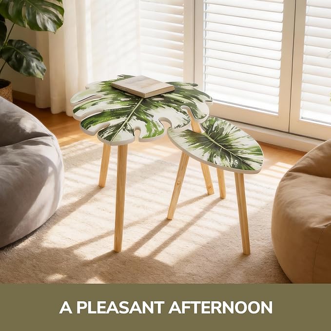 BAMEOS Monstera Leaf Nesting Tables Set of 2, Small Side Tables f Set with Leaf Vein Pattern, Modern Wooden CoffeeTables for Living Room Bedroom Apartment Balcony Yard