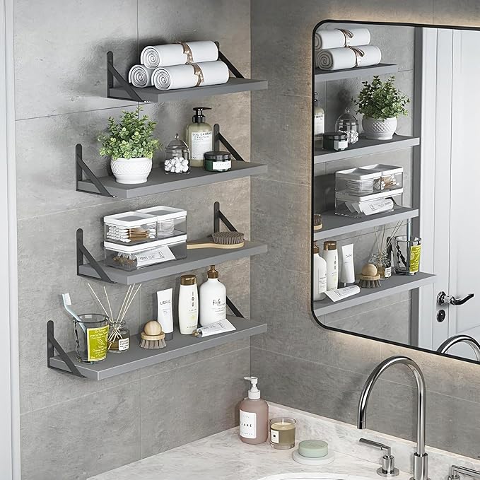 YGEOMER Floating Shelves for Wall, Different Sizes Gray Wall Shelves for Living Room, Bathroom, Bedroom, Kitchen, Home Decor (Set of 4)