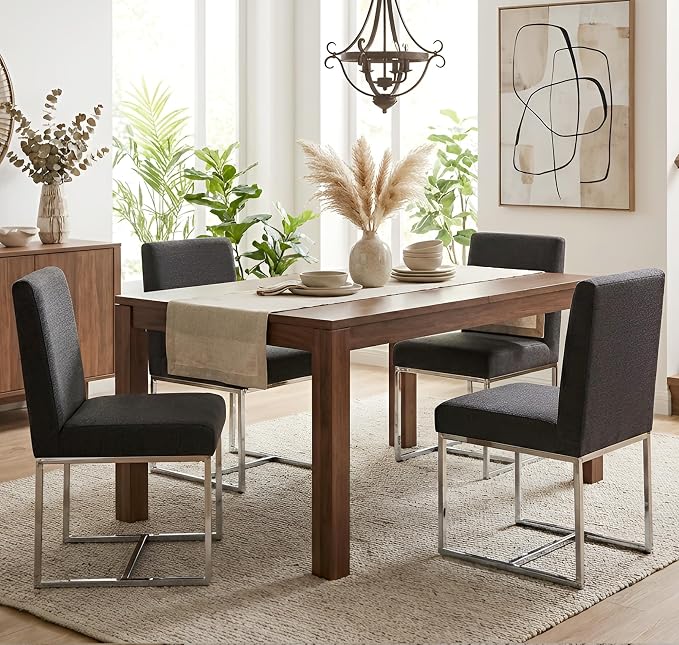 VESCASA Linen Upholstered Dining Chairs Set of 2, Mid Century Modern Padded Chair with Chrome Metal Frame for Restaurant, Dining Room, Kitchen, Charcoal