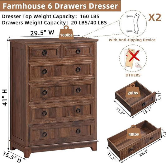 Joaxswe Farmhouse 6 Drawer Dresser for Bedroom, 41" Tall Small Dressers & Chest of Drawers, Rustic Wood Dresser with Metal Handle, Storage Organizer Closet for Living Room, Hallway, Entryway
