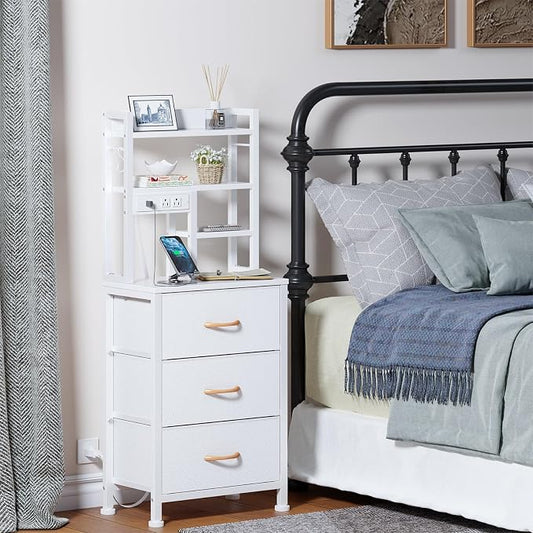Furnulem Tall Nightstand with LED Lights and 3 Tier Shelves, Night Stand with 3 Fabric Drawers, 45.3inch Tall Bedside Tables with USB Ports and Outlets in Bedroom, Dorm, Office (White)