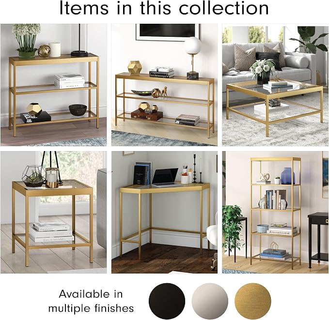 Henn&Hart 20" Wide Square Square Side Table in Brass, Table for Living Room, Bedroom | Two-tiered glass shelves with a metal frame, offering open display space for living rooms, offices, or bedrooms