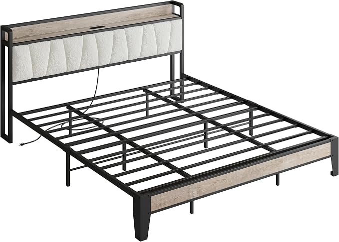 LIKIMIO California King Bed Frames, Bouclé Storage Headboard with Charging Station, Solid and Stable, Noise Free, No Box Spring Needed, Easy Assembly