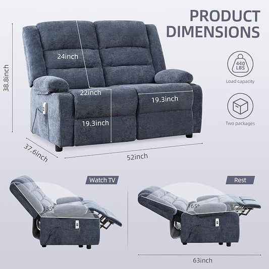 52Inch Reclining Loveseat Sofa,Power Loveseat Recliner,Electric Love seat Recliner Sofa for Bedroom,Living Room with Charging Ports,Blue