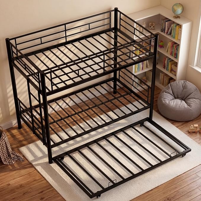 Bunk Bed with Trundle, Metal Twin Bunk Beds with Guardrail and Ladder for Kids/Teenagers/Adults, Space-Saving Bunk Bed Can be Split Into 3 Beds, No Box Spring Needed(Black, with Trundle)