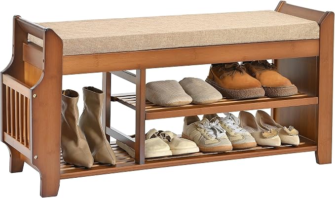 PETKABOO Shoe Bench with Hidden Drawer and Side Holder, 2 Tier Entryway Bench with Storage 39.4 in, Bamboo Shoe Rack with Cushion for Entryway Hallway Living Room Bedroom