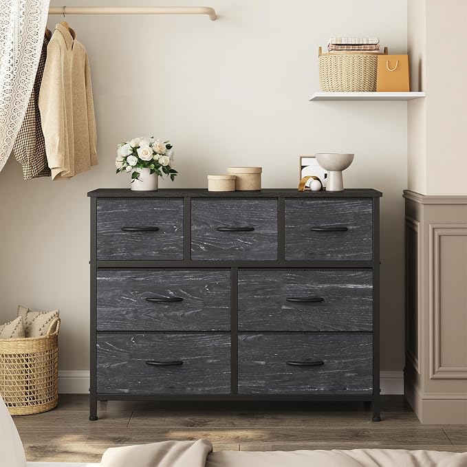 Sweetcrispy 7 Drawer Dresser, Fabric Storage Tower Organizer for Bedroom, Closet, Hallway, Entryway, Tall Chest of Drawers with Steel Frame, Wood Top, Large Storage, Black Wood Grain