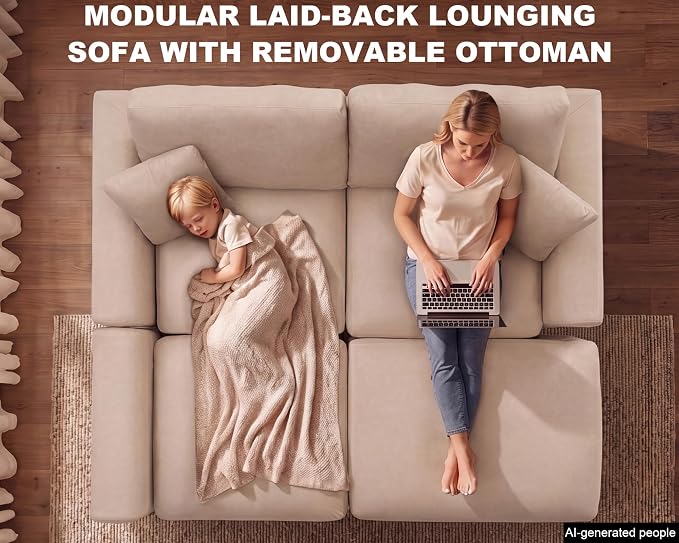 100" Faux Leather Modular Sectional Sofa for Living Room, Oversized 3 Seater L Shaped Cloud Couch with Ottoman, Extra Large Deep Seat, Pet-Friendly, Easy to Clean, Beige