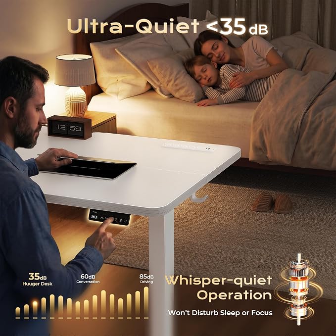 Huuger Electric Standing Desk with Power Outlets and USB-C Port, 55 X 24 Inch Height Adjustable Desk, Sit Stand Desk for Home Office, Computer & Gaming Desk with 4 Presets, Stable Steel Frame, White