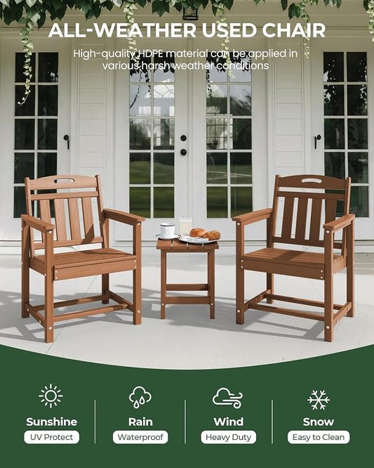 Set of 2 Weatherproof Patio Chairs - HDPE Outdoor Dining Chairs with Wide Seat, Ergonomic Design - for Garden, Backyard, Deck - Teak