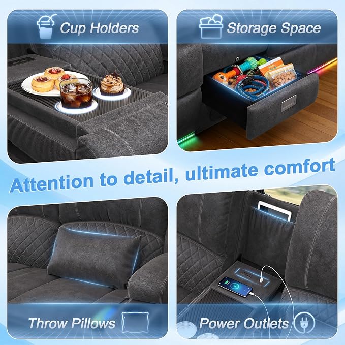 Power Recliner Loveseat Recliner with Massage and Lumbar Heating, Home Theater Reclining Loveseat with Flip Console, RV Couch Wall Hugger with 2 Speakers, Storage, USB, Outlet & LED (Velvet,Grey)