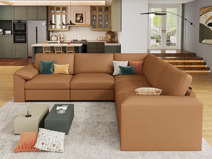 EASE MOOSE Oversized Modular Sectional Couch with Ottoman, Faux Leather Sectional Sofa with Deep Seat, Scratch Resistant Faux Leather Material, Extra Large L Shaped Couch,Brown