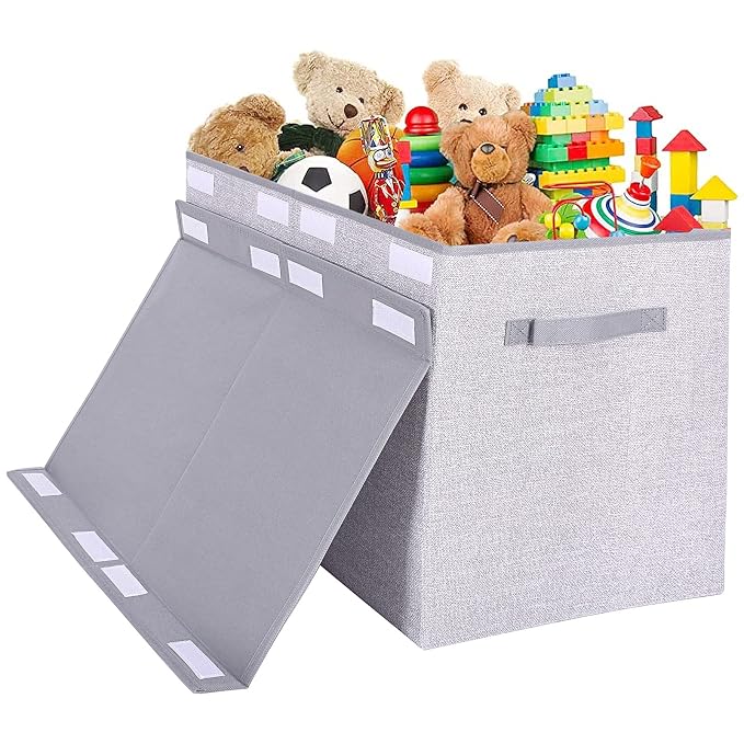 Pantryily Large Toy Box Chest Storage Organizer with Lid,Collapsible Kids Toys Boxes Basket Bins with Sturdy Handles for Boys and Girls, Nursery, Playroom, Closet 25"x13" x16" (Light Grey)