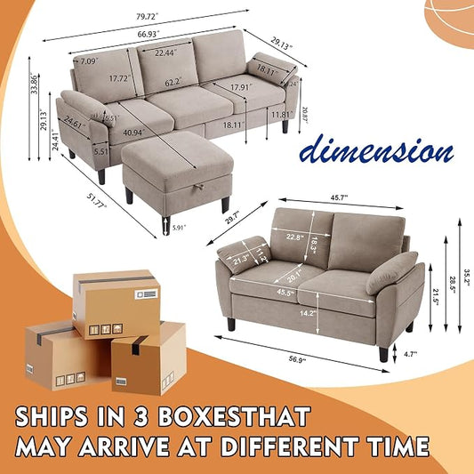 80" Convertible Sectional Sofa Set, Modern Linen Small L Shaped Couch with Reversible Chaise and Loveseat Sofa, 3-Seat Sofa Couches for Living Room, Office, Apartment, Beige