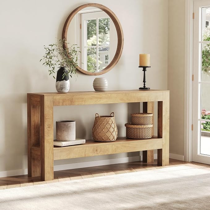 LITTLE TREE 63-Inch Long Console Table for Living Room, Farmhouse Wood Entryway Table for Sofa, Entry, Hallway, Entrance, Foyer, Behind Couch with 2-Tier Narrow Shelf, Oak