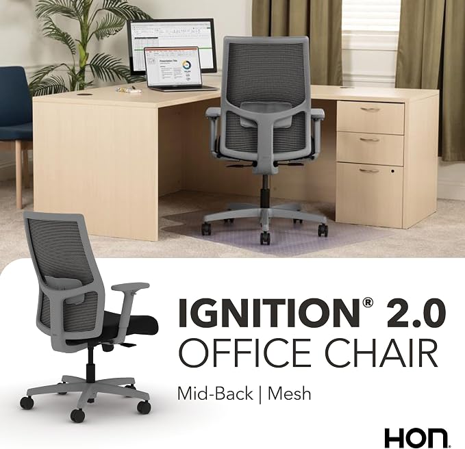HON Ignition 2.0 Mid‑Back Ergonomic Office Chair, Mesh Task Desk Chair with Lumbar Support, Standard Synchro‑Tilt, Height and Width Adjustable Arms, Titanium Frame, Black