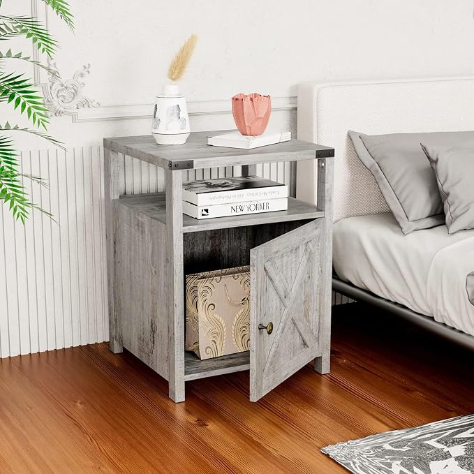 Farmhouse Nightstand Set of 2 with Charging Station, Rustic End Table Bedroom with Storage Living Room Side Table Grayish White Night Stand Industrial Bedside Table