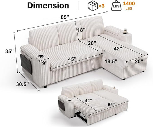 WEUP 86" Modular Sectional Sleeper Sofa with Pull Out Bed, 3 Seat Plush Corduroy L Shaped Couch with USB Ports|Cup Holders|Side Table|Storage Chaise Armrests, Tool Free Assembly, Beige