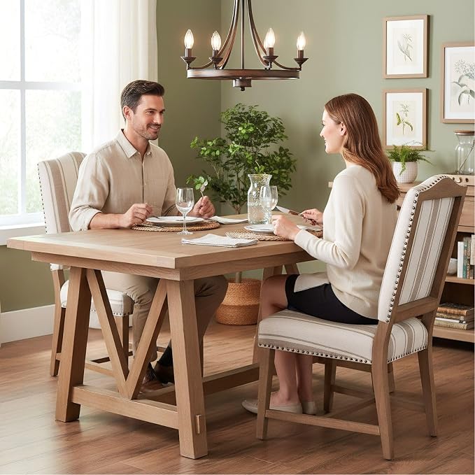 ROCITY Linen Dining Chairs Set of 6 Upholstered Farmhouse Dining Room Chairs Kitchen Side Chairs with Wooden Legs&Nailhead Trim, Beige with Brown Stripe