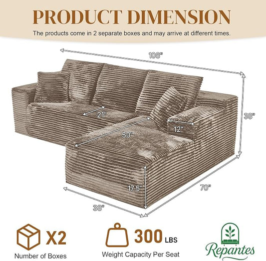 108" L Shaped Boneless Sectional Couches for Living Room, Comfy Corduroy Floor Cloud Sofa with Chaise, Wide Armrest, Deep Seat, Memory Foam, Assembly Free, Ideal for Small Spaces, Brown