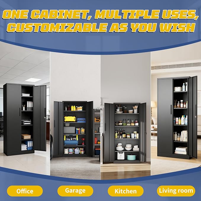 Metal Storage Cabinet with Adjustable Shelves, 72" Steel Garage Storage Cabinets with Lock and 2 Door, Locking Tool Cabinet Utility Cabinets for Garage, Kitchen, Home Office, School, Shop