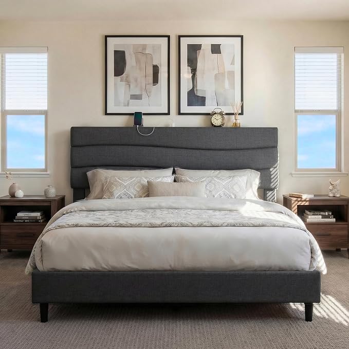 EnHomee Queen Bed Frame with Adjustable Height Upholstered Headboard, Charging Stations, Noise-Free Platform Bed,No Box Spring Needed, Easy Assembly,Grey