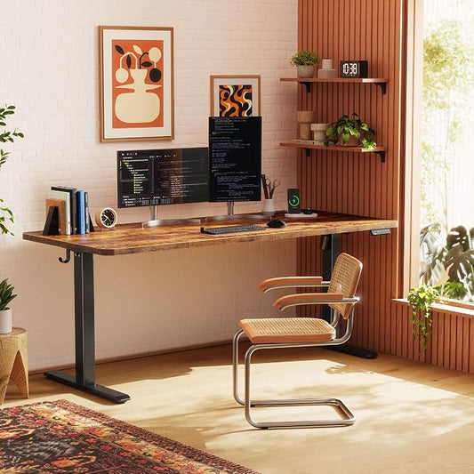 Huuger 63 X 24 Inch Electric Standing Desk with Power Outlets and USB-C Port, Height Adjustable Desk, Sit Stand Desk for Home Office, Computer & Gaming Desk with 4 Presets, Rustic Brown
