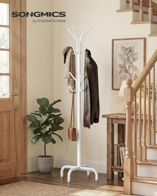 SONGMICS Coat Rack Freestanding with 16 Hooks, Metal Coat Tree Stand with 4 Adjustable Feet, Clothes Hanger Stand for Entryway Bedroom Living Room Hallway Office, Cloud White URCR083WC01S