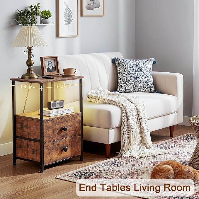 LOAKEKEL Night Stand Set 2, LED Nightstand with Charging Station, End Tables with Storage Shelf for Small Space, Bedside Table with 2 Fabric Drawers for Bedroom, Brown HETS02PQBR