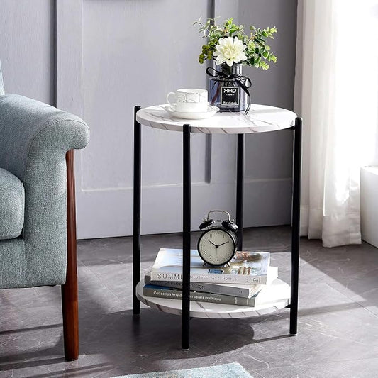 Small Round Side Table Set of 2, Black End Table with Faux Marble Top | Modern Sofa Table for Small Spaces, Living Room Furniture, Couch Side Stand, Bedroom Nightstand