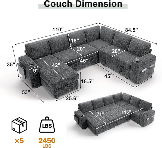 Vipbear Premium 111" Modular Sectional Sleeper Sofa, 7 Seat Sleeper Sofa with Pull Out Bed for Living Room, L Shaped Couch with Storage Chaise|USB Ports|Cup Holders|Storage Armrests|Side Table, Gray