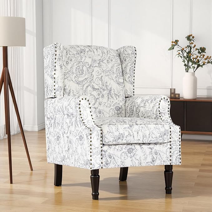 High Back Floral Accent Chairs Set of 2, Fabric Wingback Chair Upholstered Armchair for Living Room - Rococo Light Gray