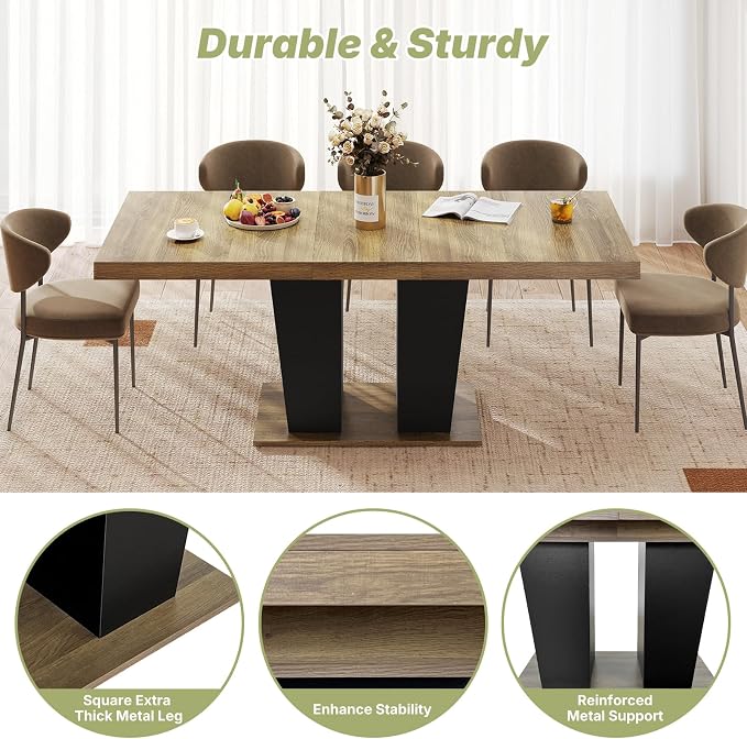 Zevemomo 63"-78.7" Expandable Dining Table, 6-10 Rectangle Table, Extendable Console Table, Wooden Farmhouse Kitchen Table with Metal Track & Dual Column Base for Living, Office-Brown