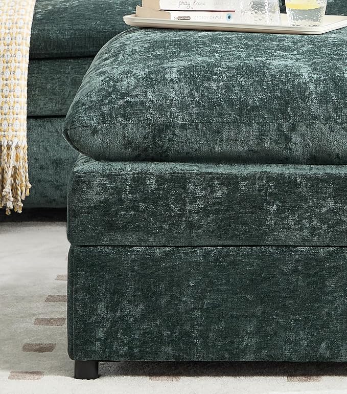 Iroomy 25" Chenille Ottoman, 9.5" Thick Cushion, Upholstered Footrest Modern Footstool & Bench for Living Room, Bedroom, Green