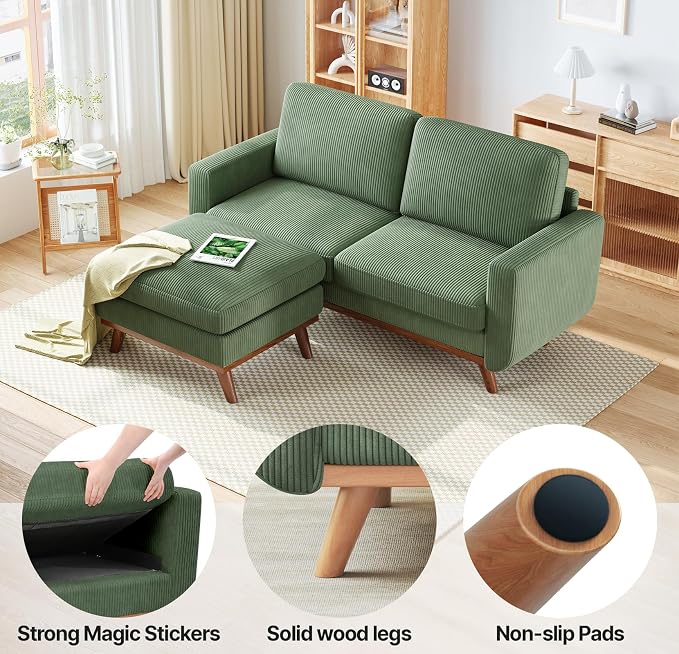 Vesgantti 68" Loveseat Sofa with Movable Ottoman, Comfy Corduroy Couch with Spring Cushion, Sofa Couch with Solid Wood, Modern Office Sofa with Deep Seat for Living Room and Bedroom, Green