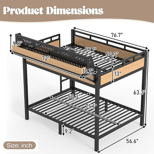 Bellemave Bunk Bed Full Over Full,Metal Bunk beds with Storage Shelves USB Ports and LED Lights, Natural