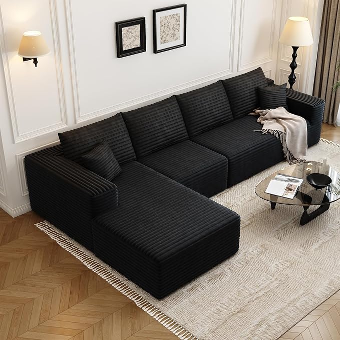 135.4" Cloud Modular Sectional Sofa Couch with L-Shape Chaise,Modern Minimalist Upholstered Couches for Living Room Bedroom,Deep Seat Corner Couch,No Assembly Required (Black,Left Facing Chaise)