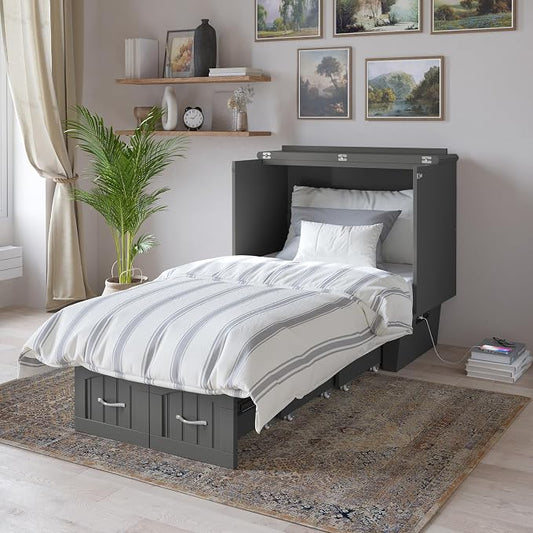 AFI, Nantucket Twin Murphy Bed Chest with Mattress, Storage Drawer and Built-In USB Charger, Grey