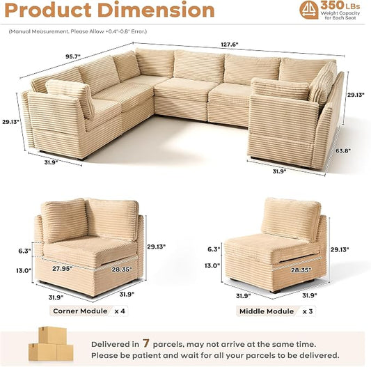 ovios Modular Sectional Sofa Couch with U-Shape Chaise Oversized, Comfy Plush Corduroy Cloud Couches, Modern Luxury Deep Seat Sofas Set for Living Room, 7-Seater, Beige