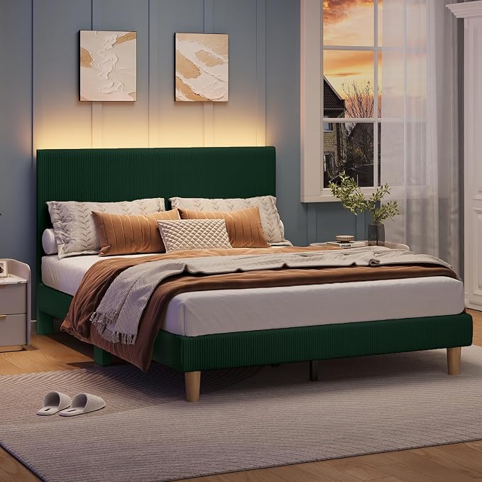 Bestier Full Bed Frame with Adjustable Headboard,LED Light,Green | Easy Assembly,LED Lighting Headboard,No Squeaks,Vertical Channel Corduroy Upholstered,Wood Slats Support,No Box Spring Needed