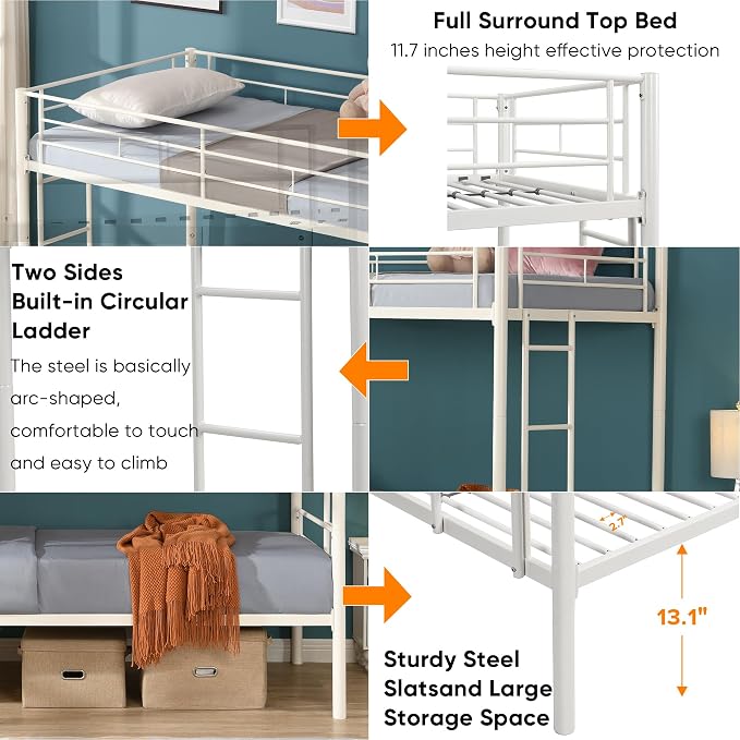 Metal Twin Over Twin Bunk Bed, Heavy-Duty Metal Bunk Bed, Noise Reduced Design/Safety Guardrail/2 Side Ladders/No Box Spring Needed (White)
