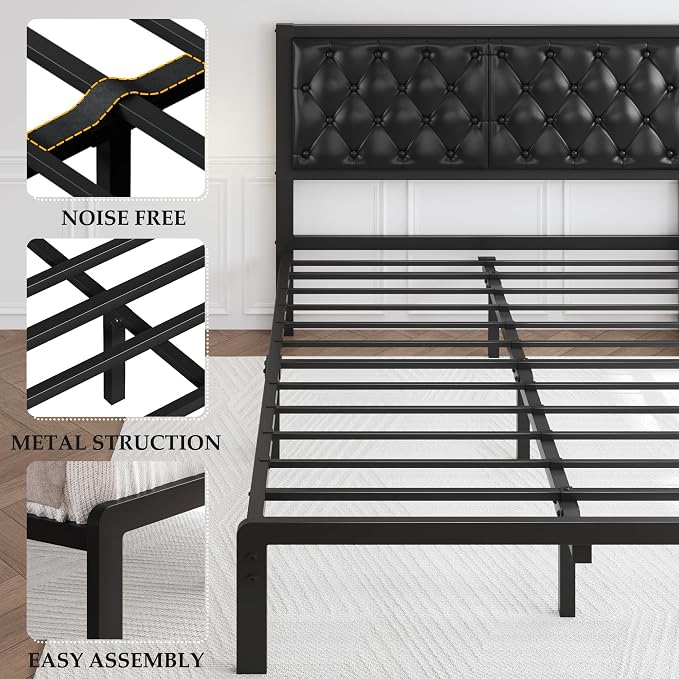HISOFT Queen Bed Frame with Upholstered Button Tufted Headboard, Bed Frame Platform Metal Slats Support, Under Bed Storage, No Box Spring Needed, Noise-Free, Easy Assembly, Black