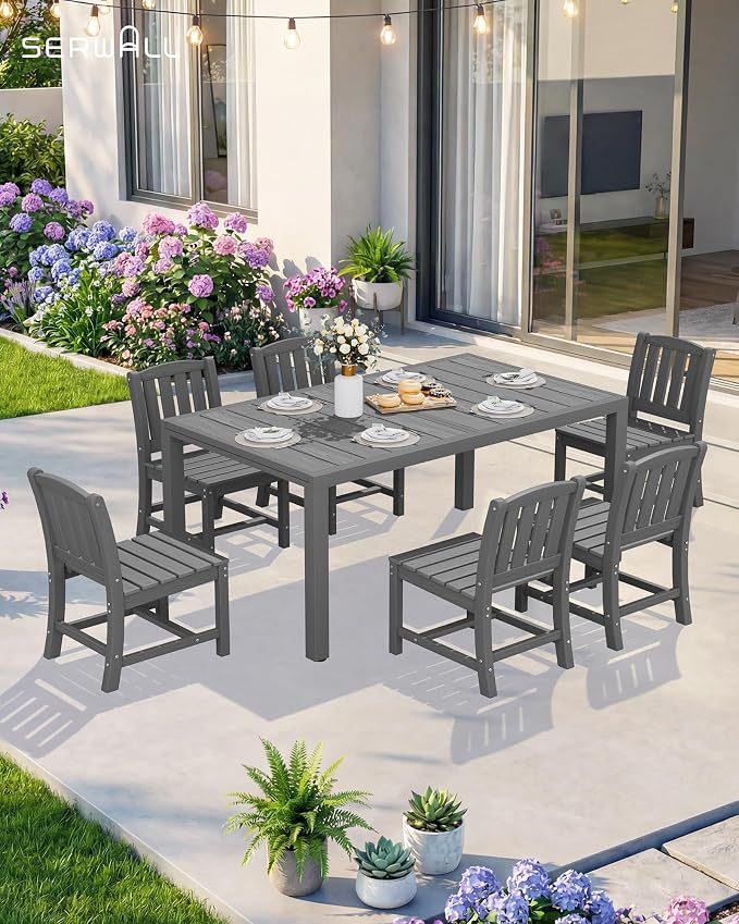 SERWALL Outdoor Patio Dining Set for 6, Grey | 60" - 83" Expandable Outdoor Dining Table and 6 HDPE Chairs, All Weather Material Outdoor Furniture Set Backyard, Garden