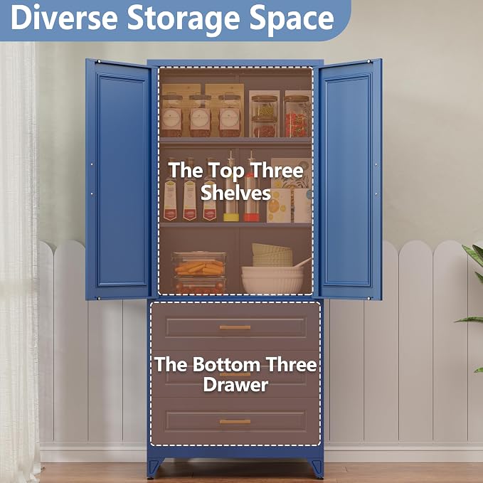 Polup Metal Storage Cabinet,75" Tall Kitchen Pantry Storage Cabinet with Doors and Adjustable Shelves, Blue Metal Pantry Cabinets with 3 Drawers, Large Cupboard for Dining Living Room, Bathroom