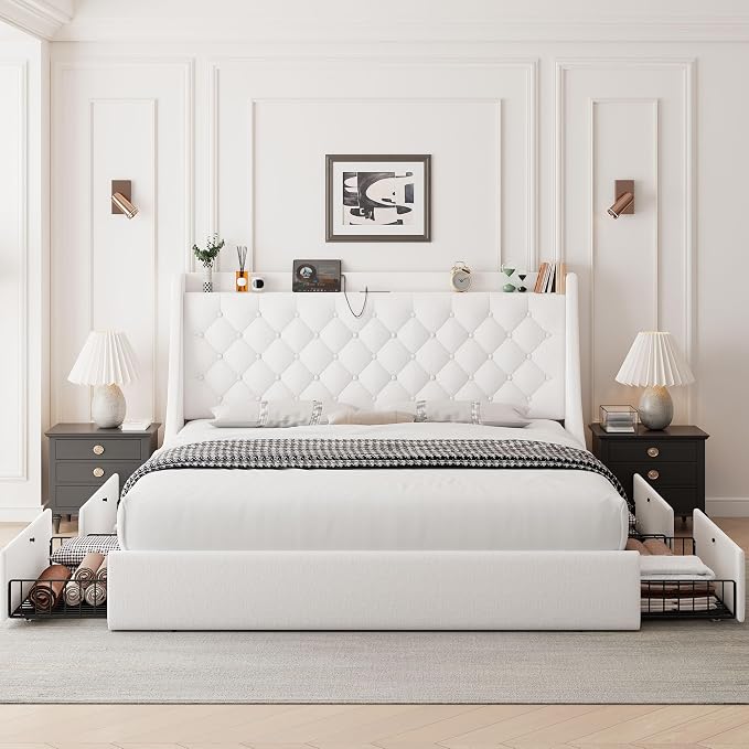 Feonase Upholstered Queen Size Bed Frame with 4 Storage Drawers, Charging Station, Tufted Wingback Storage Headboard, No Box Spring Needed, Easy Assembly, White