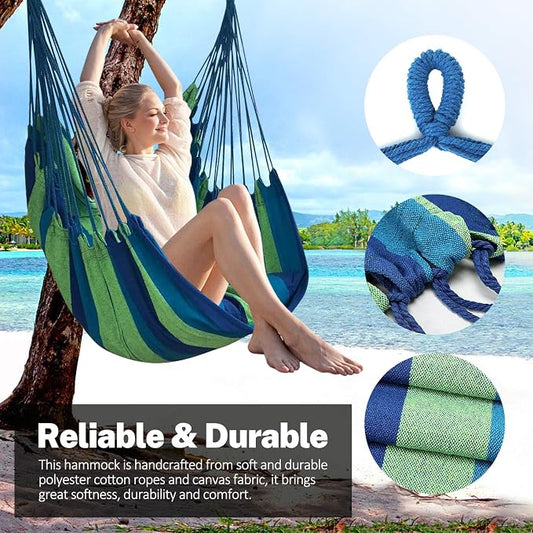KPX Ourdoor Hanging Hammock Chair – Comfortable Tree Swing Chair Large Size 110X130cm(Without Pillows) - 330 Lbs Weight Capacity (Blue/Green)