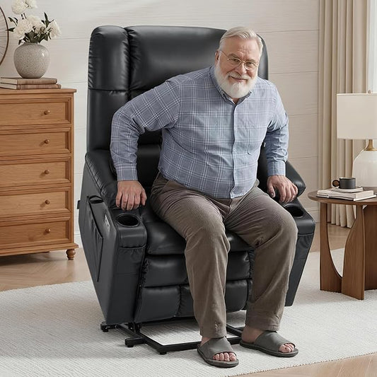 MCombo Dual Motor Power Lift Recliner Chair for Elderly, Lay Flat Lift Chair with Heat and Massage, Oversized Lift Recliner for Big and Tall, Faux Leather R7891 (Black, Large-Wide)