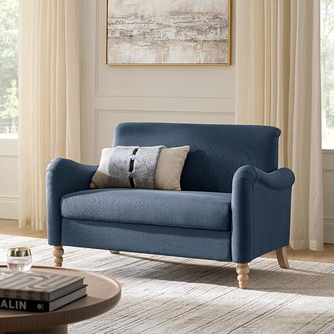 HULALA HOME 50.5" Loveseat Sofa with Stripe Pattern, 2 Seater Farmhouse Sofa with Rolled Wide Armrests and Rubber Wood Legs, Comfy Upholstered Small Couch for Living Room Bedroom, Navy